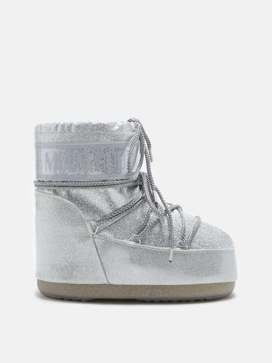 MOON BOOT ICON LOW SILVER GLITTER BOOTS