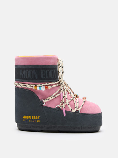 MOON BOOT MOON BOOT X GUEST IN RESIDENCE ICON LOW GREY & ROSE BEADED SUEDE BOOTS